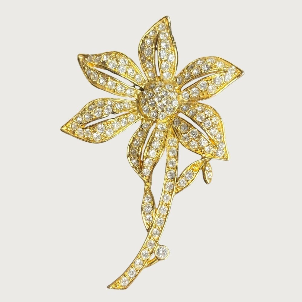 Vtg Roman Flower Brooch Gold Rhinestone Floral Pin Elegant Retro Hollywood Glam